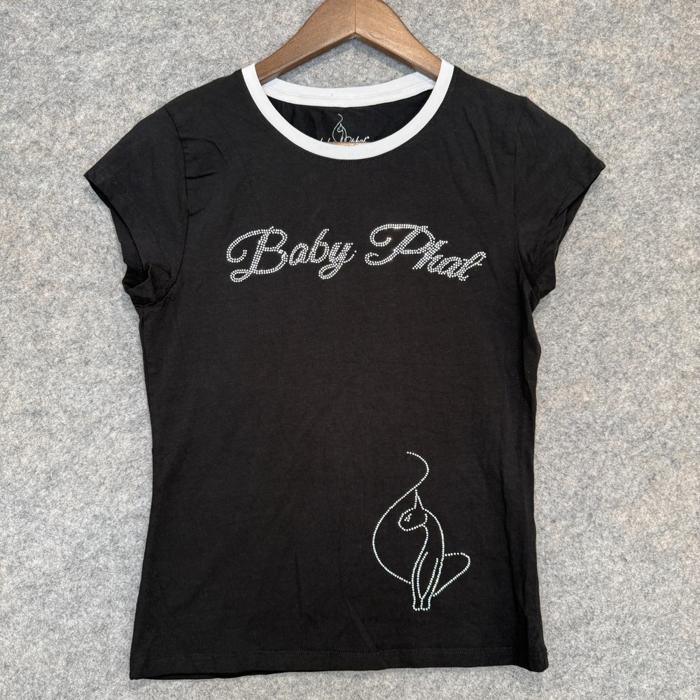 Baby Phat T Shirt Womens Large Embroidered Beaded Top Cat Black Logo Tee Crew